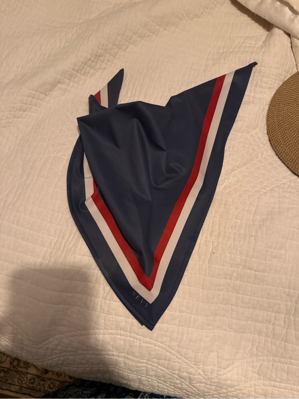 Navy Triangle Scarf with Red and White Trim